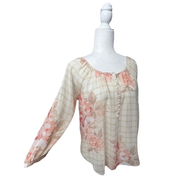LC Lauren Conrad Cream Striped Floral Sheer Long Sleeve Top - Size Small - Picture 8 of 16